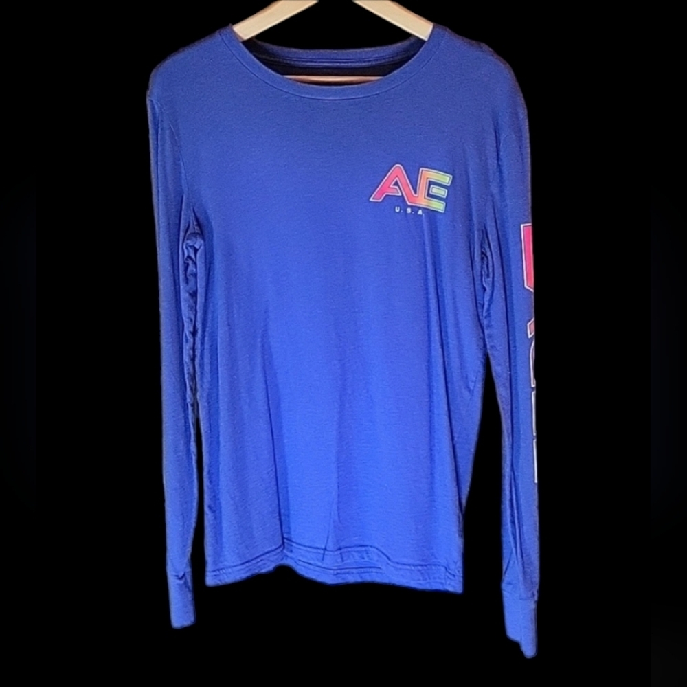 American Eagle Outfitters Men's Graphic Long Sleeve Shirt Blue, Size: X-Small
